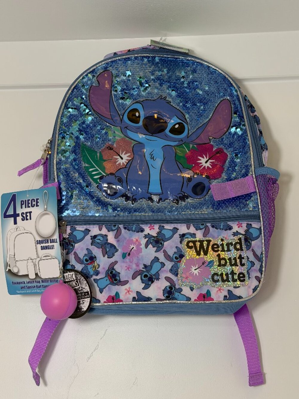 NWT Disney Stitch 4-Piece Backpack Set Sequin Lunch Bag Water Bottle & Dangle